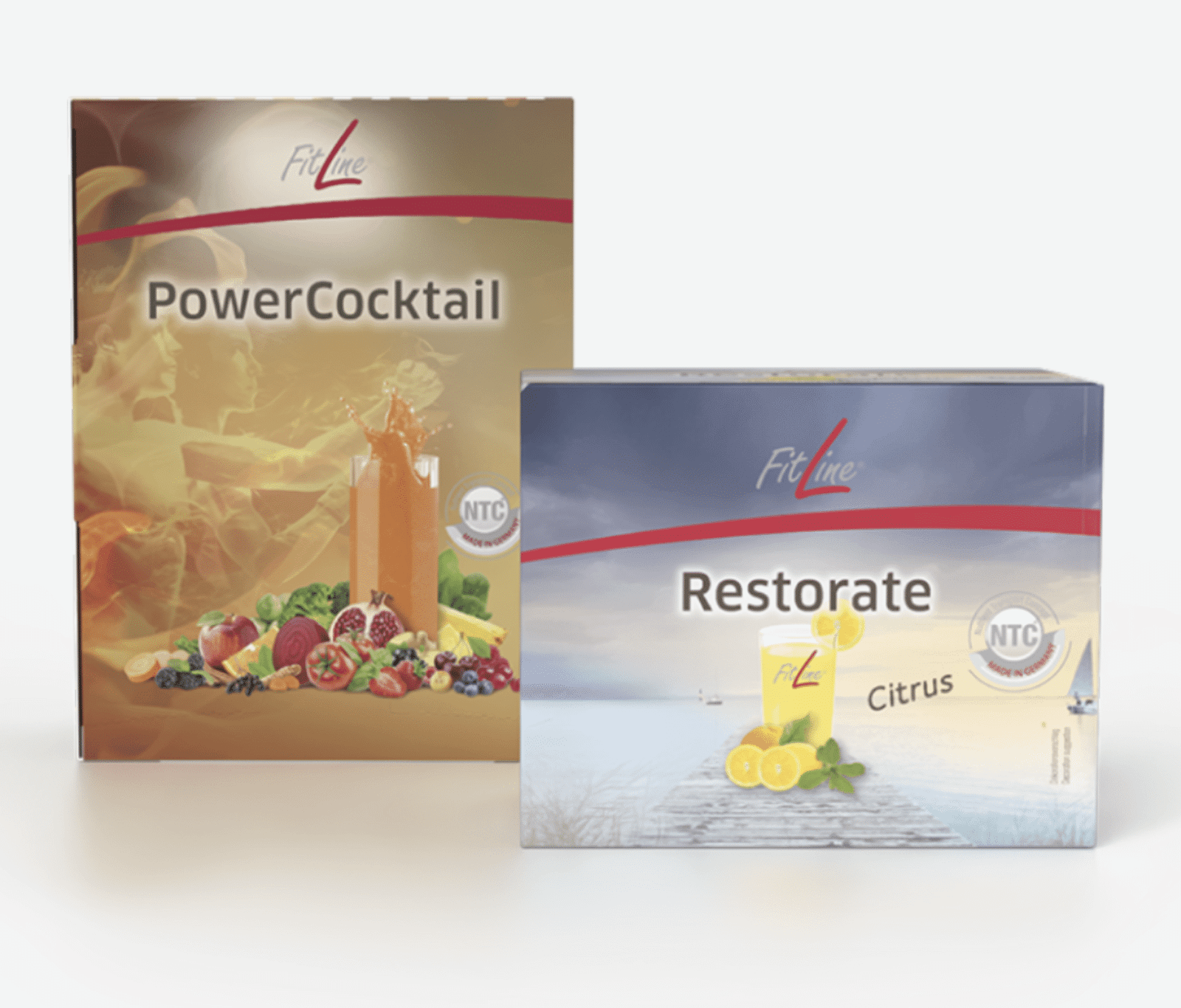dos cajas de fitline, el power cocktail par tomarlo en las mañanas y el restorate para tomarlo por las noches y obtener un sueño reparador